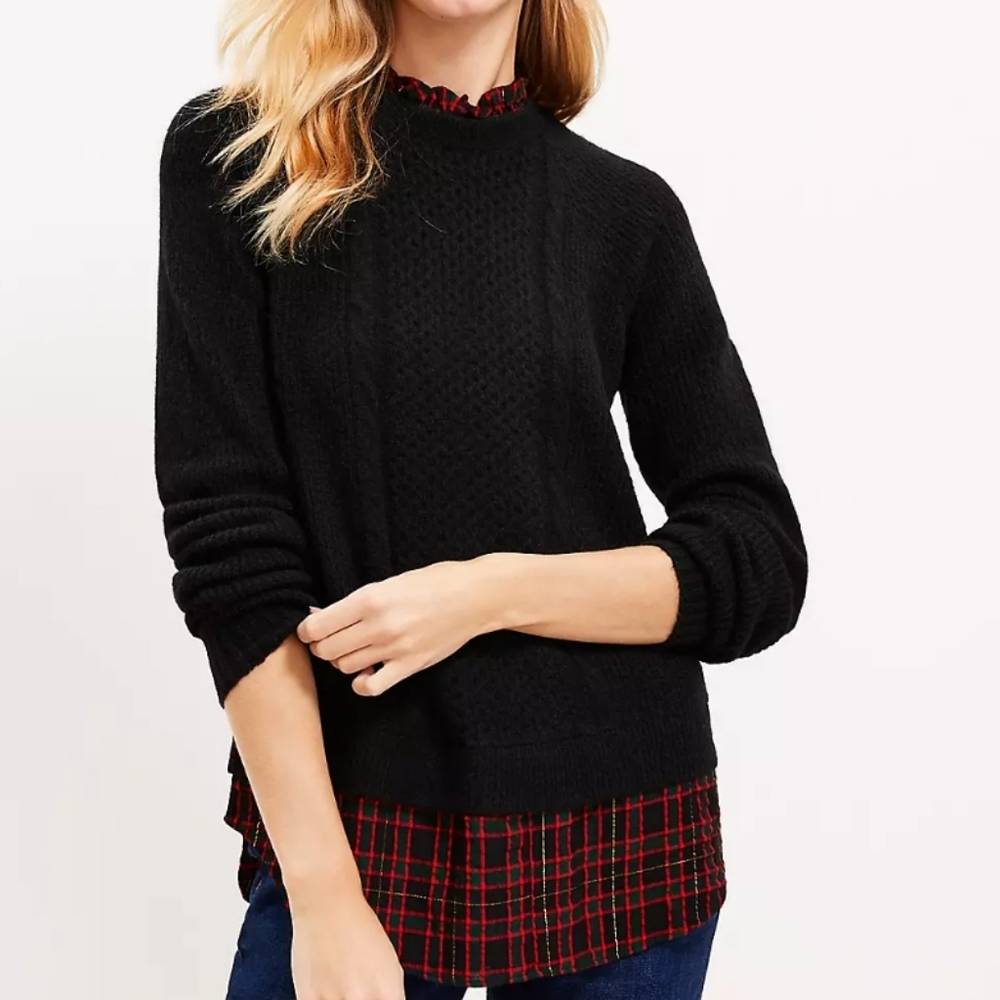 New LOFT Plaid Layered Mixed Media Cable Sweater